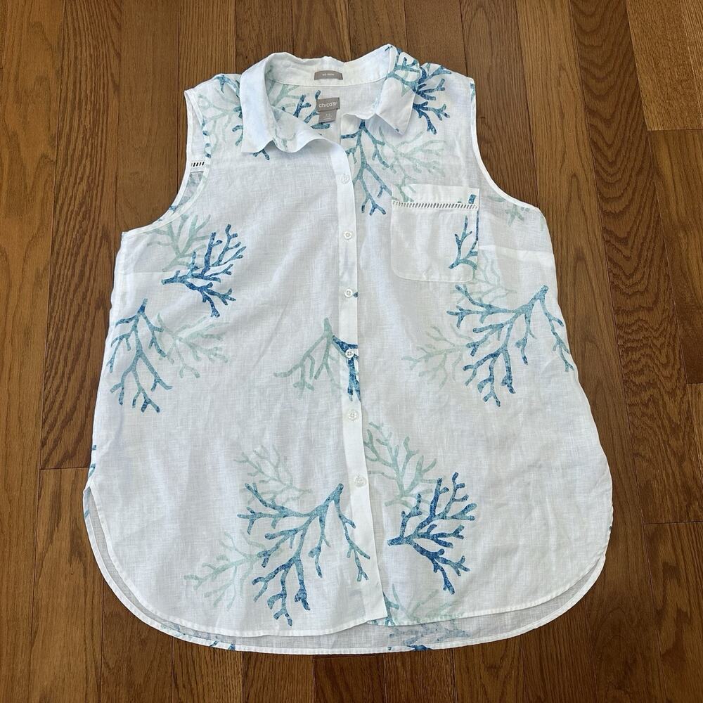 Chico's Linen Sleeveless Buttondown Blue Coral Top Lightweight Size 3